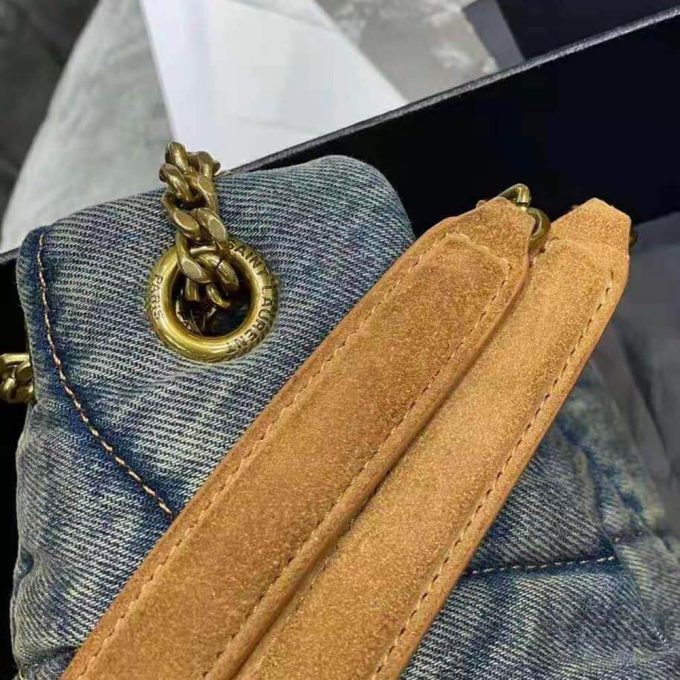 Y Puffer Small Bag in Quilted Vintage Denim and Suede - Image 3