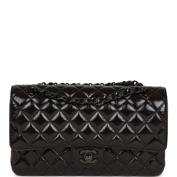 CC Medium Classic Double Flap Bag SO Black Crumpled Calfskin Black Hardware