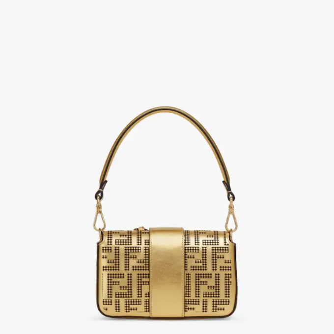 Brooch mini baguette ?C Fendace bag in gold perforated leather - Image 3