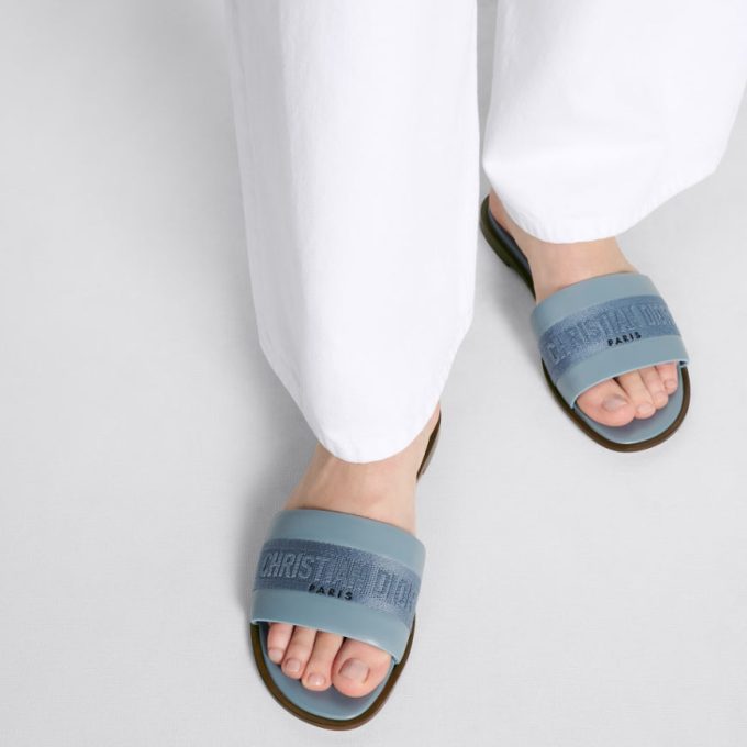 Solid Colors Calfskin and Embroidered Cotton Slippers - Image 2