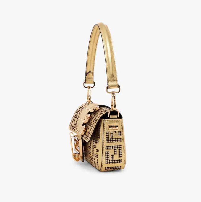 Brooch mini baguette ?C Fendace bag in gold perforated leather - Image 2