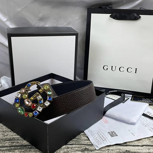 4 Colors  double G seven-color rhinestone double-sided lychee pattern belt