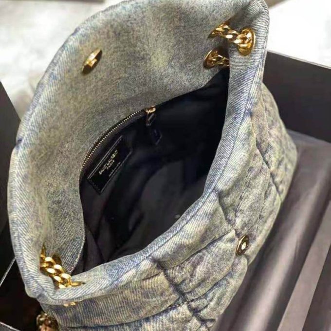 Y Puffer Small Bag in Quilted Vintage Denim and Suede - Image 8