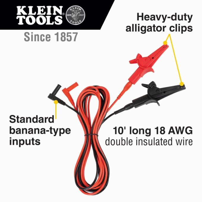 Klein Tools 69367 Alligator Clip Test Leads, Heavy-Duty Replacement Meter Leads, for All Meters Using Banana Plug Meter Leads, 10-Foot - Image 2
