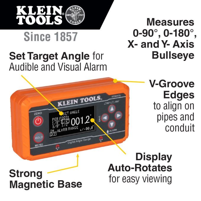 Klein Tools 935DAGL Digital Level Angle Finder with Programmable Angles, Measures 0 - 90 and 0 - 180 Degree or Dual Axis Bullseye Ranges - Image 9