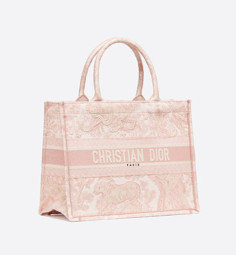 MEDIUM D BOOK TOTE Pink Toile de Jouy Embroidery (36 x 27.5 x 16.5 cm)