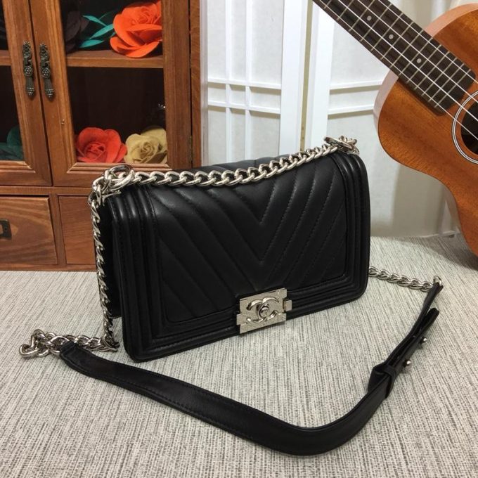 CC 25cm Boy Handbag Calfskin Silver Tone Metal Black - Image 3