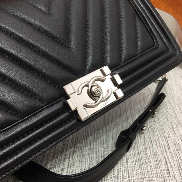 CC 25cm Boy Handbag Calfskin Silver Tone Metal Black