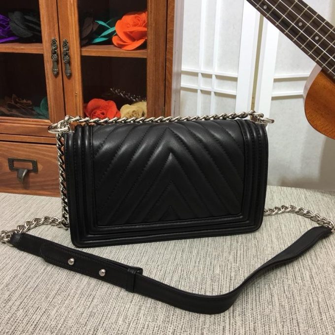 CC 25cm Boy Handbag Calfskin Silver Tone Metal Black - Image 7