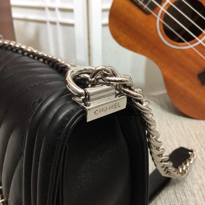 CC 25cm Boy Handbag Calfskin Silver Tone Metal Black - Image 4