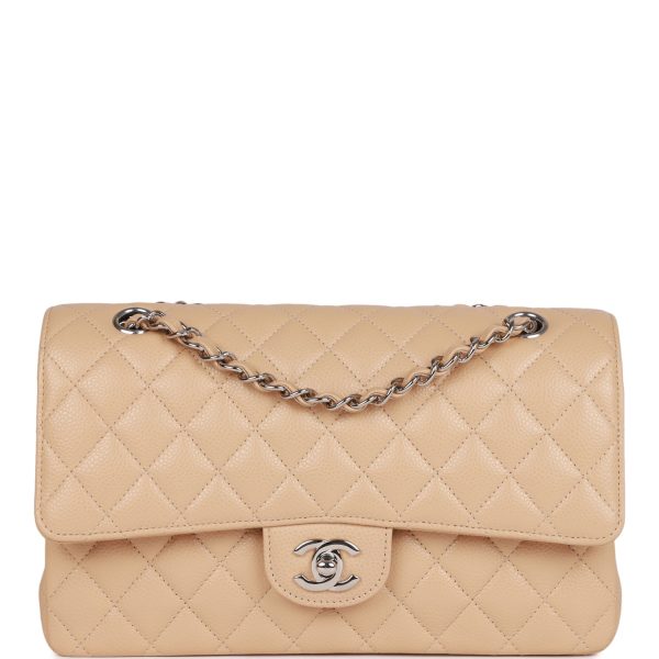 CC Medium Classic Double Flap Bag Beige Caviar Silver Hardware