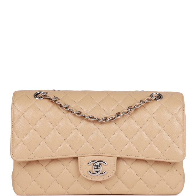 CC Medium Classic Double Flap Bag Beige Caviar Silver Hardware