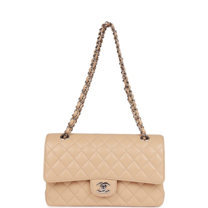 CC Medium Classic Double Flap Bag Beige Caviar Silver Hardware - Image 6