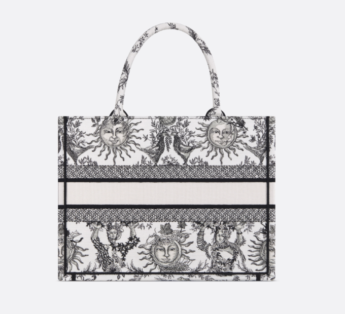 D Book Tote  White and Black Toile de Jouy Soleil Embroidery - Image 2