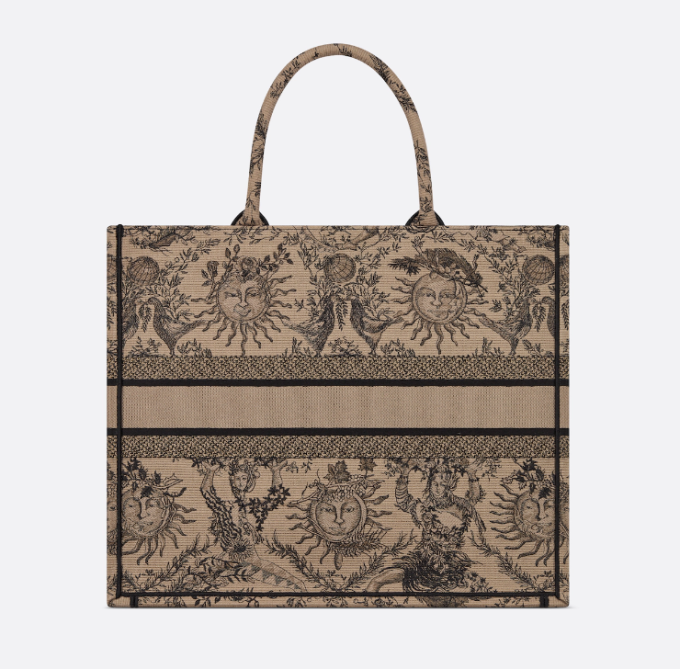 D Book Tote  Beige and Black Toile de Jouy Soleil Embroidery - Image 4