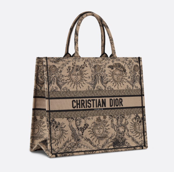 D Book Tote  Beige and Black Toile de Jouy Soleil Embroidery