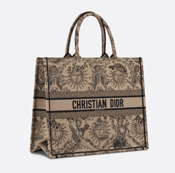 D Book Tote  Beige and Black Toile de Jouy Soleil Embroidery - Image 3