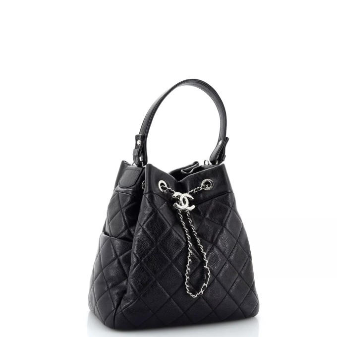 CC Chain Drawstring Bucket Bag Quilted Caviar Small 23*23*13 cm - Image 5
