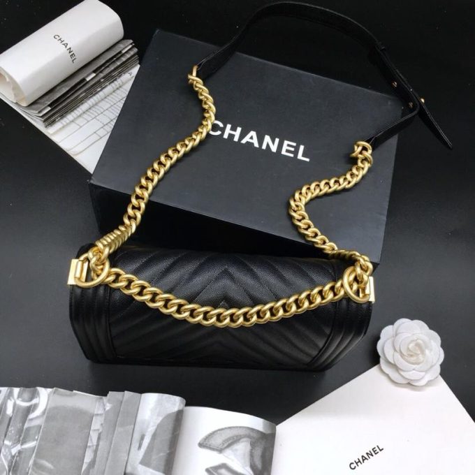 CC 25.5cm Boy Handbag Black Grained Calfskin Gold Tone Metal Caviar leather - Image 8