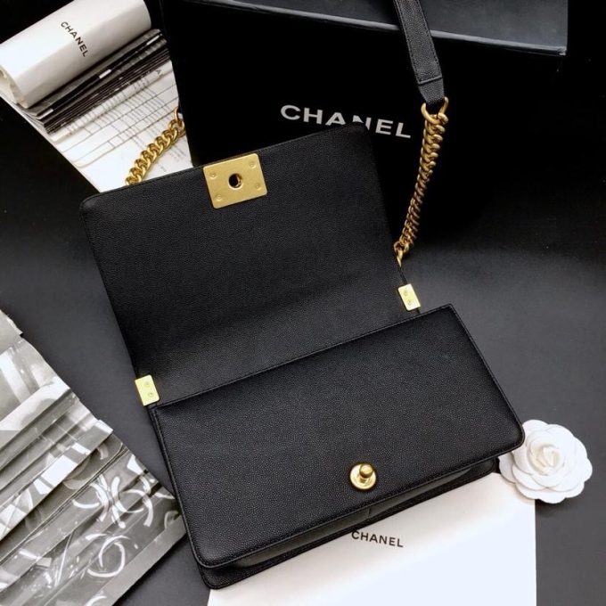 CC 25.5cm Boy Handbag Black Grained Calfskin Gold Tone Metal Caviar leather - Image 9