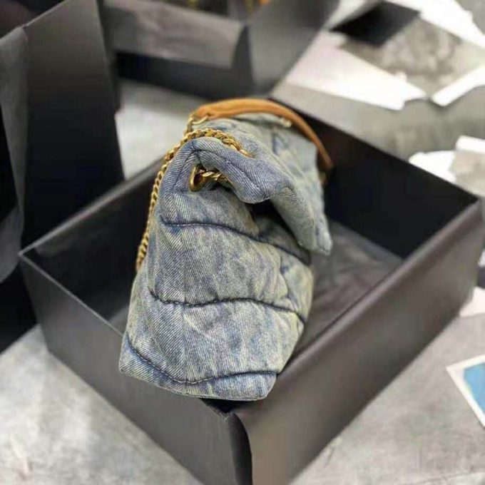 Y Puffer Small Bag in Quilted Vintage Denim and Suede - Image 4