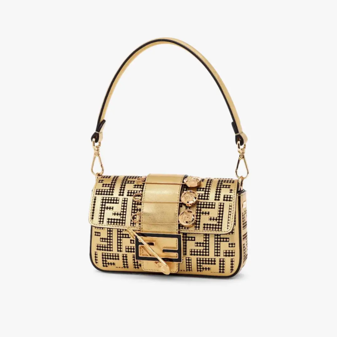 Brooch mini baguette ?C Fendace bag in gold perforated leather