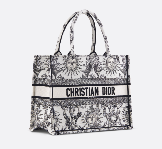 D Book Tote  White and Black Toile de Jouy Soleil Embroidery - Image 3