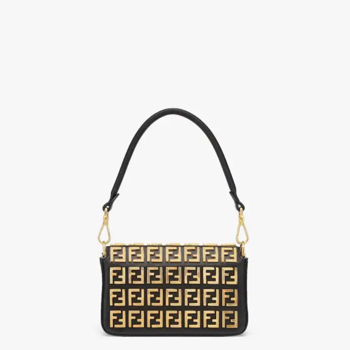 Brooch mini baguette ?C Fendace Black leather bag with gold FF motif - Image 5