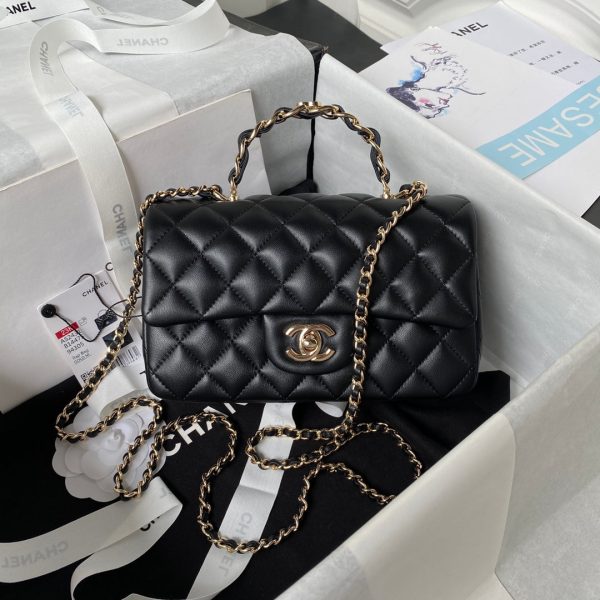 cc 23K AS2431 Mini flap Lambskin bag with top handle Black/white