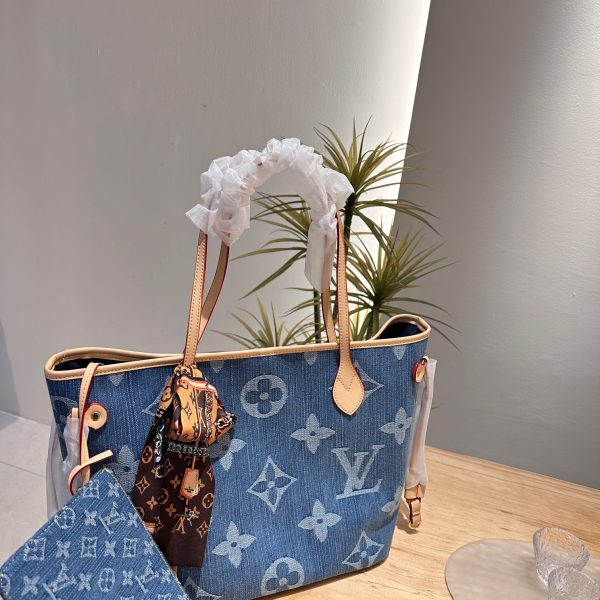 Louis new arrival denim neverfull tote bag size; 33 * 29 cm