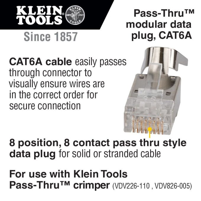 Klein Tools VDV826-705 Pass-Thru Modular Data Plugs, RJ45-CAT6A, Shielded (STP), 50-Pack - Image 12